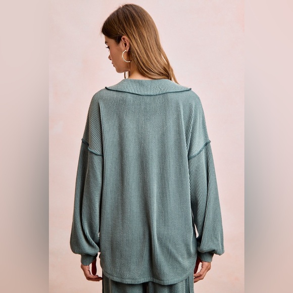 BiBi Two Tone Cord Rib Contrast Stitching V-Neck Top and Pants Set 10010018709 - Picture 5 of 11